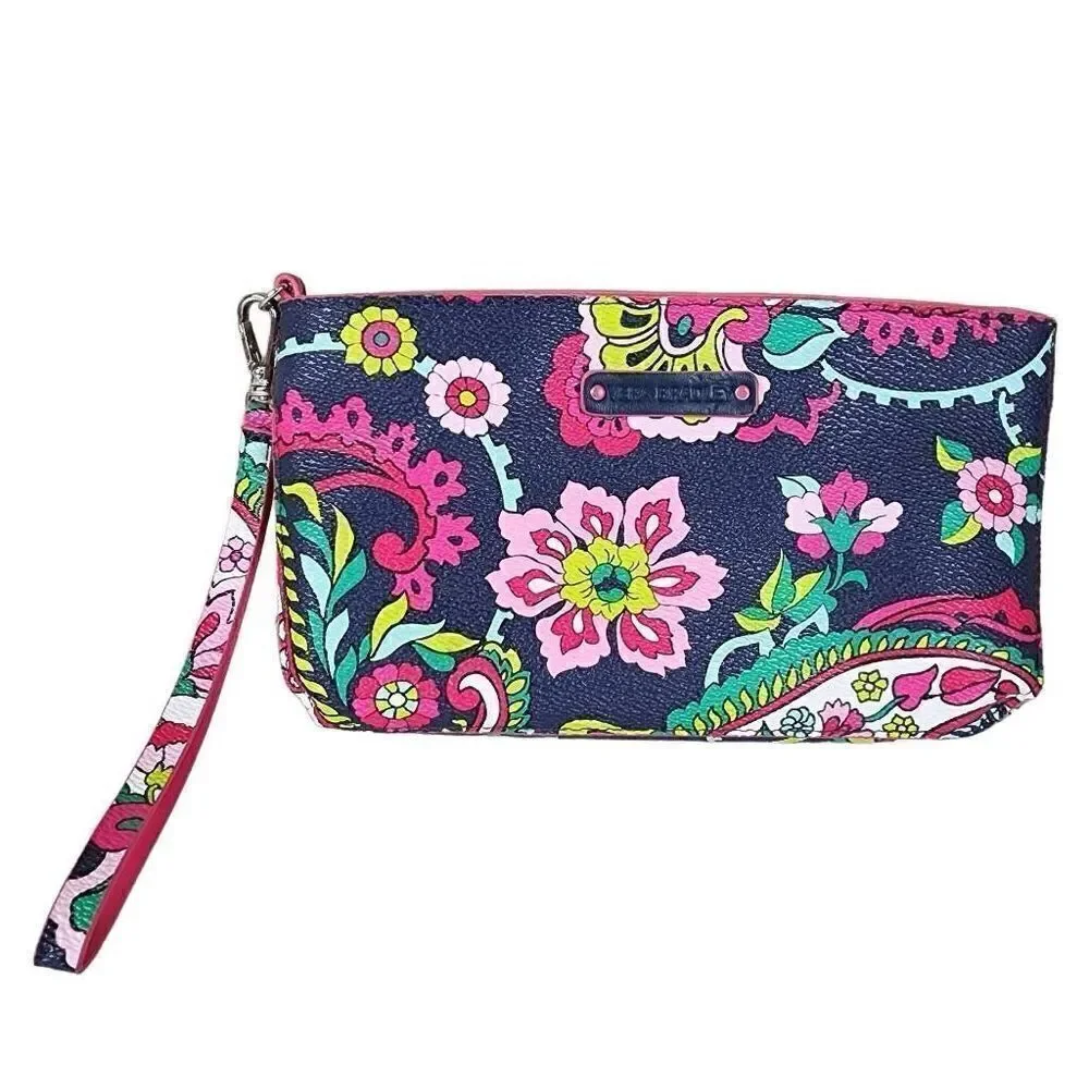 Vera Bradley- Classic Wristlet Top Zip Vinyl in Petal Paisley Blue Magenta